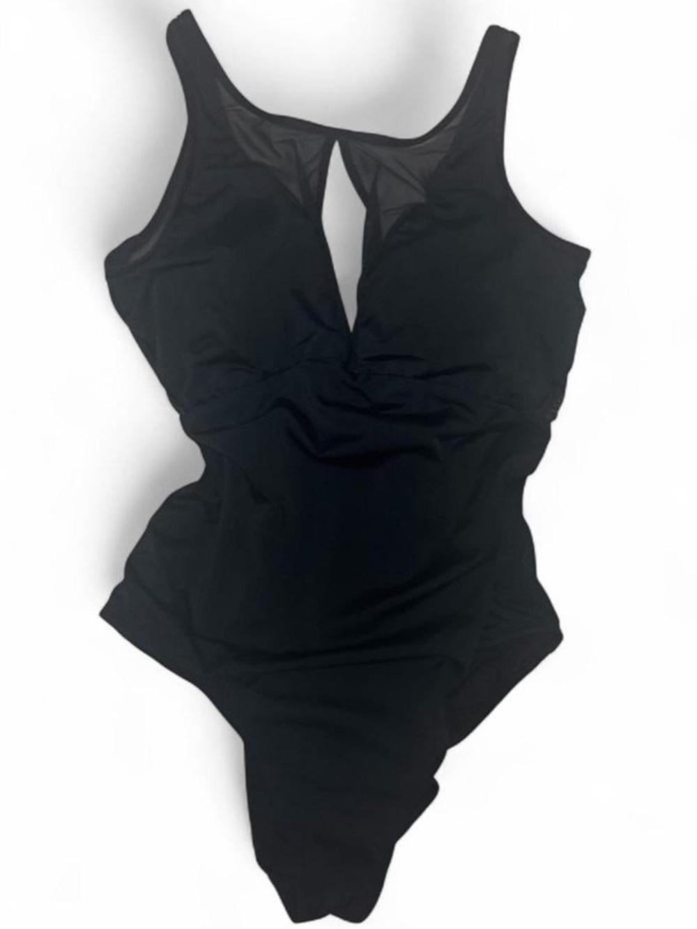 Time and Tru Black One-Piece Swimsuit with Mesh V-Neck
